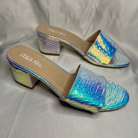 Dolls Kill Holographic Iridescent Pure Prismatic Poison Snake Block Heel Sandals - Picture 9 of 15